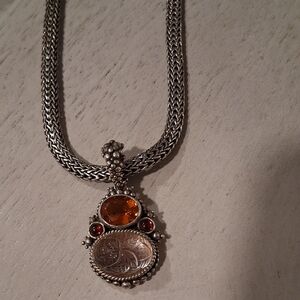 Stephane Dweck Sterling Silver and 18 K Carved Quarts Pendant Signed Necklace